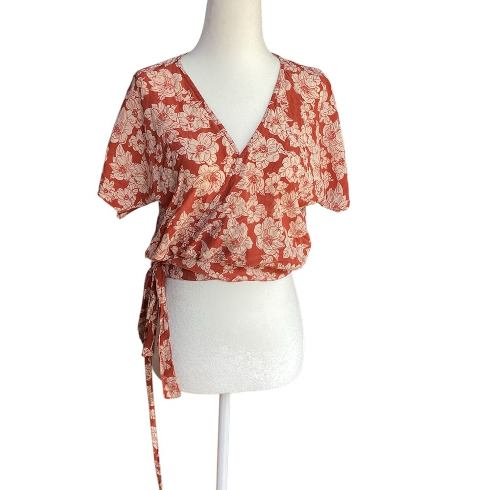 Acacia Swimwear Rust Magnolia Floral Wrap Top - Brown and White